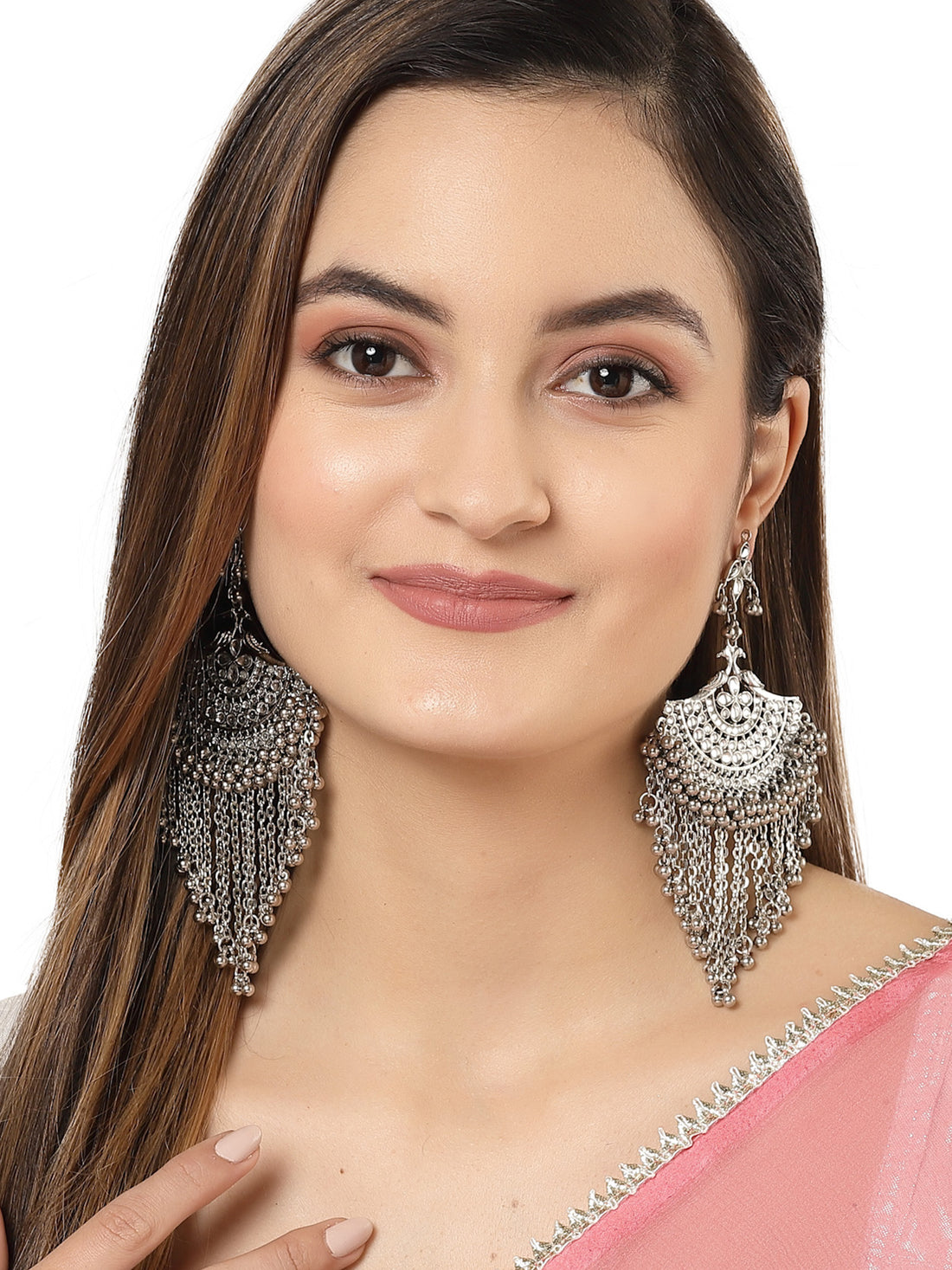 Karatcart Oxidised Silver White Kundan Chandbali Earrings with Tasselsfor Women