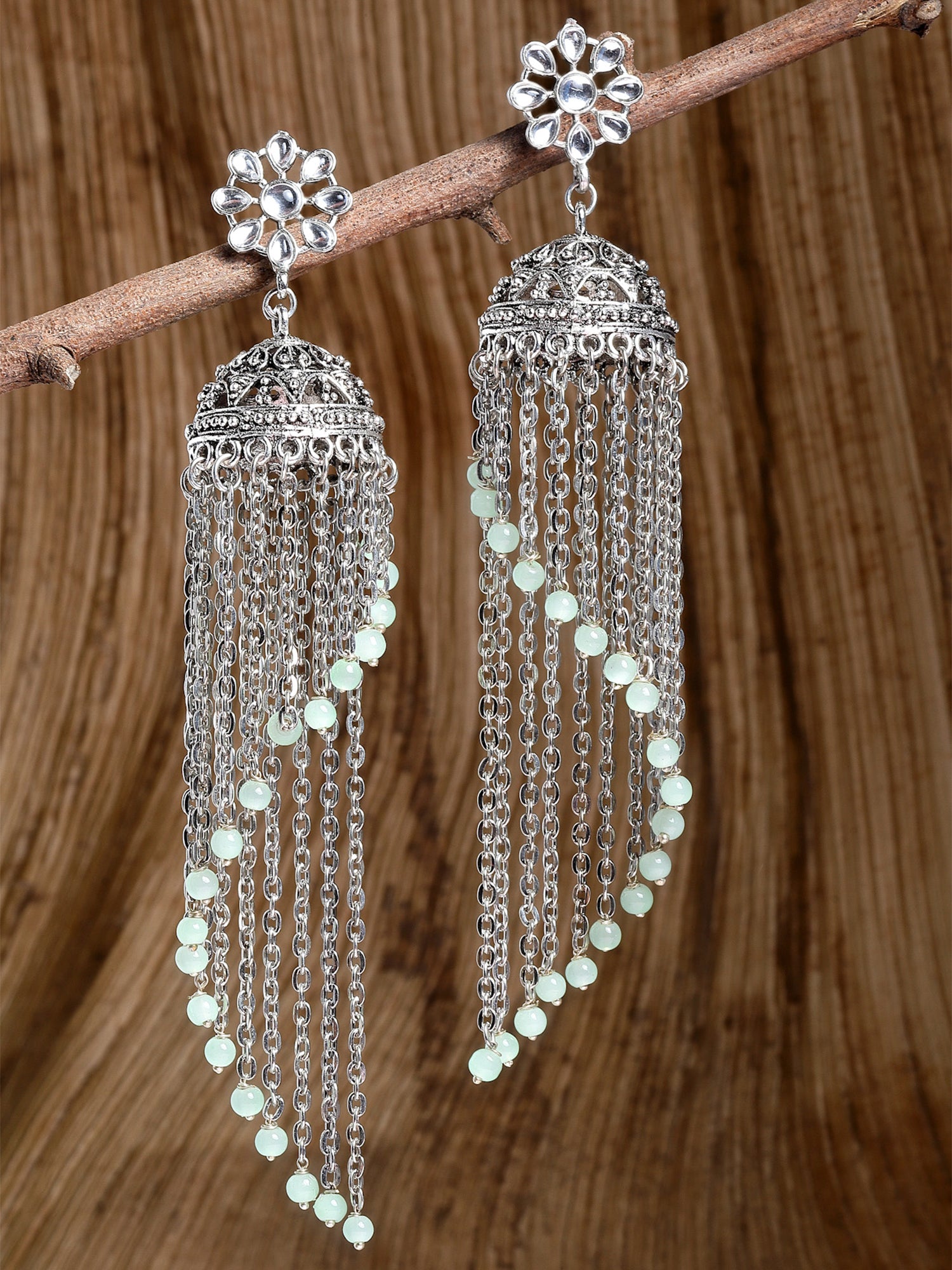 Karatcart Oxidised Silver Light Green Beads Kundan Jhumki Earringsfor Women