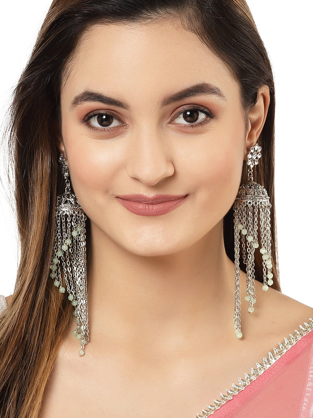 Karatcart Oxidised Silver Light Green Beads Kundan Jhumki Earringsfor Women