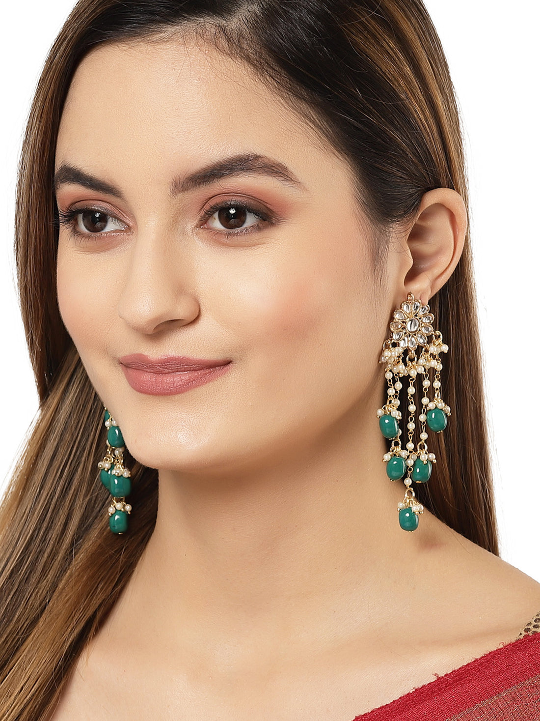 Karatcart Gold Plated Green Tumble Kundan Tassel Earrings for Women