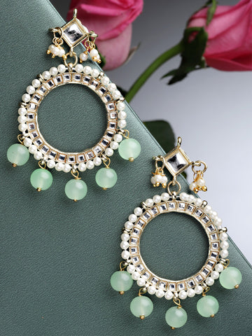 Karatcart Gold Plated Light Green Beads Kundan Hoop Earrings for Women