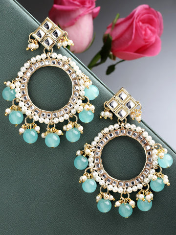 Karatcart Gold Plated Light Blue Beads Kundan Hoop Earrings for Women