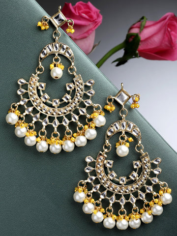 Karatcart Gold Plated Pearl and Yellow Crystal Studded Kundan Chandbali Earrings for Women