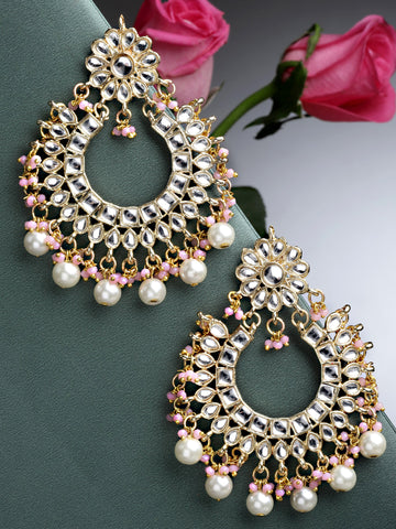 Karatcart Gold Plated Pearl and Pink Crystal Studded Kundan Chandbali Earrings for Women