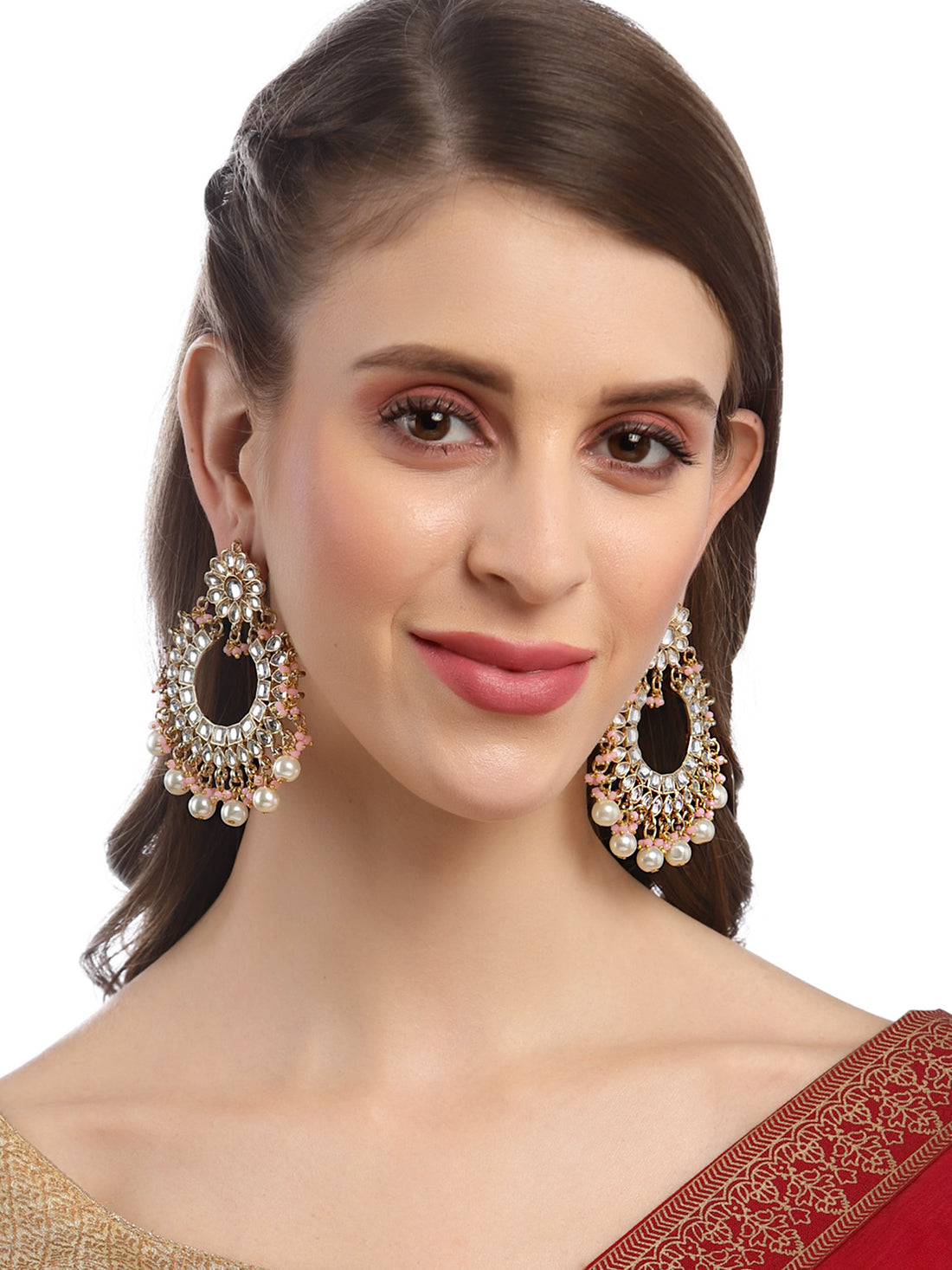 Karatcart Gold Plated Pearl and Pink Crystal Studded Kundan Chandbali Earrings for Women