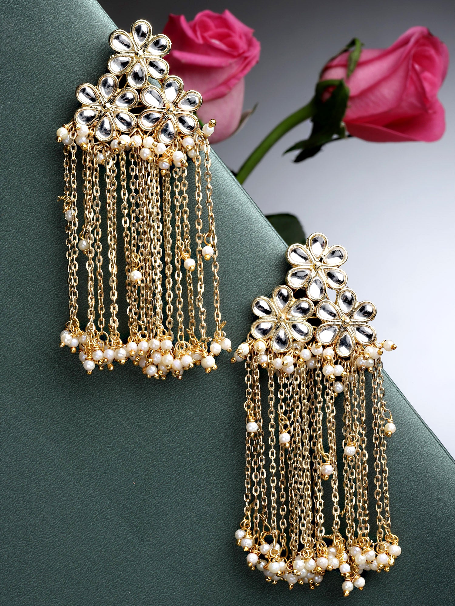 Karatcart Gold Plated White Pearl Kundan Tassel Earrings for Women