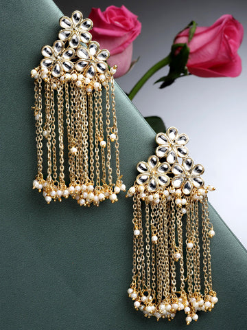 Karatcart Gold Plated White Pearl Kundan Tassel Earrings for Women