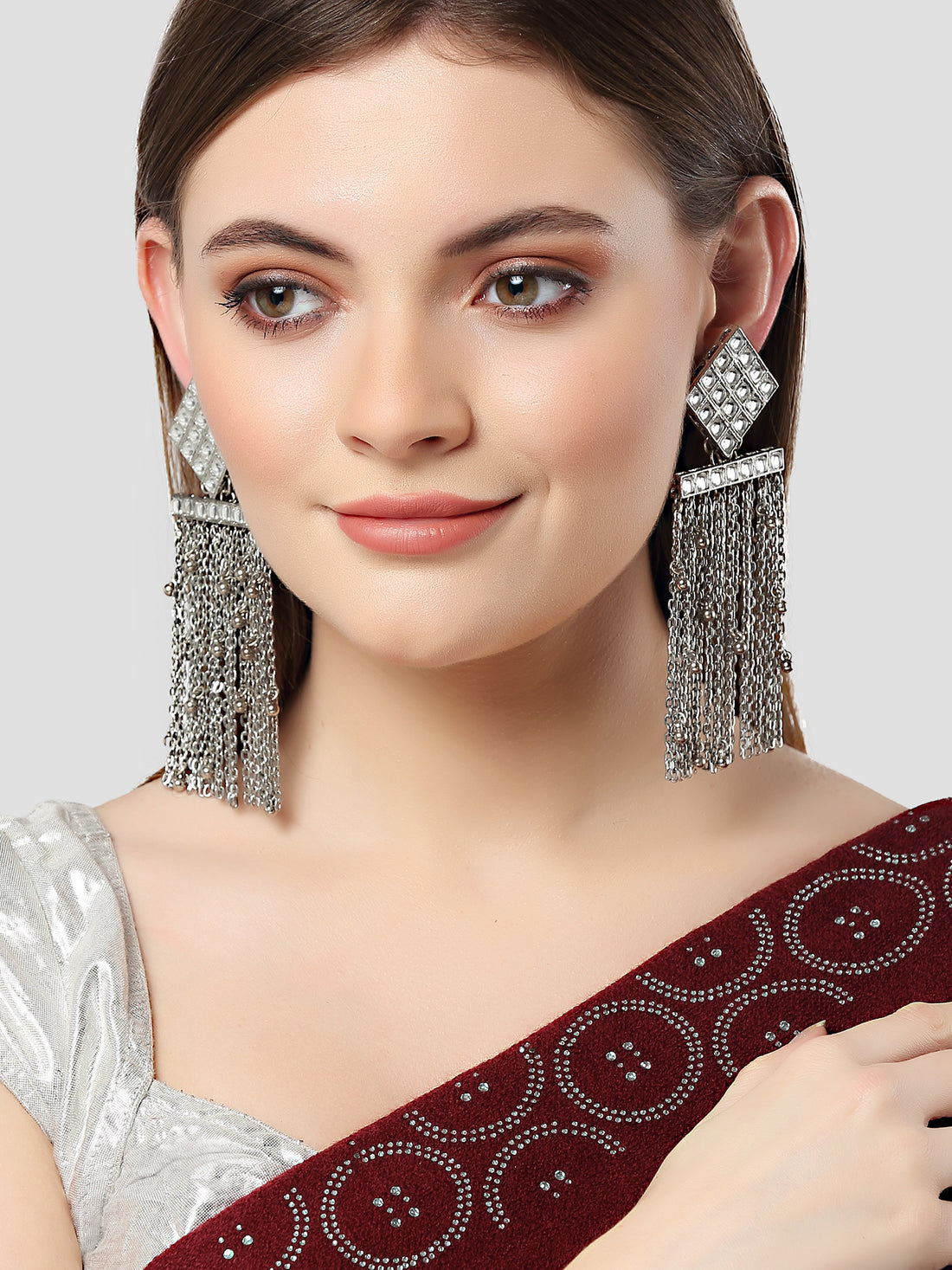 Karatcart Oxidised Silver Kundan Chain Tassel Earrings for Women