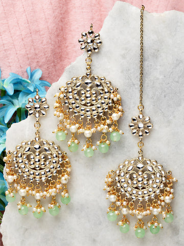 Karatcart Gold Plated Light Green Beads and Pearl Studded Kundan Chandbali Earrings for Women