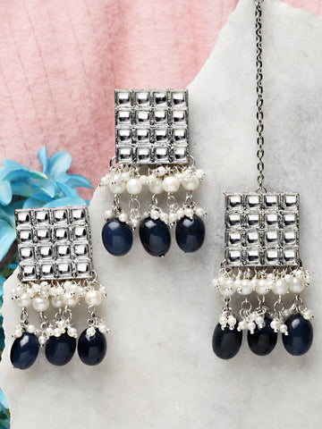 Karatcart Oxidised Silver Blue Tumble and Pearl Studded Kundan Dangler Earrings for Women