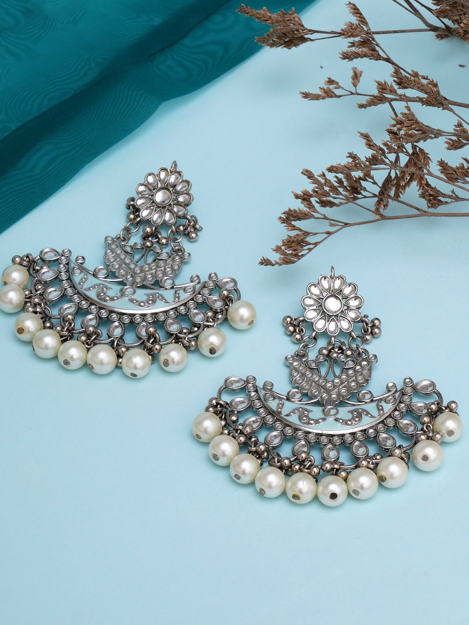 Oxidised Silver Light Blue Meena Pearl and Kundan Chandbali Earrings f