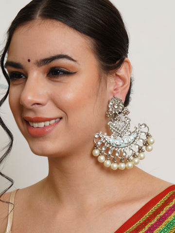 Oxidised Silver Light Blue Meena Pearl and Kundan Chandbali Earrings for Women