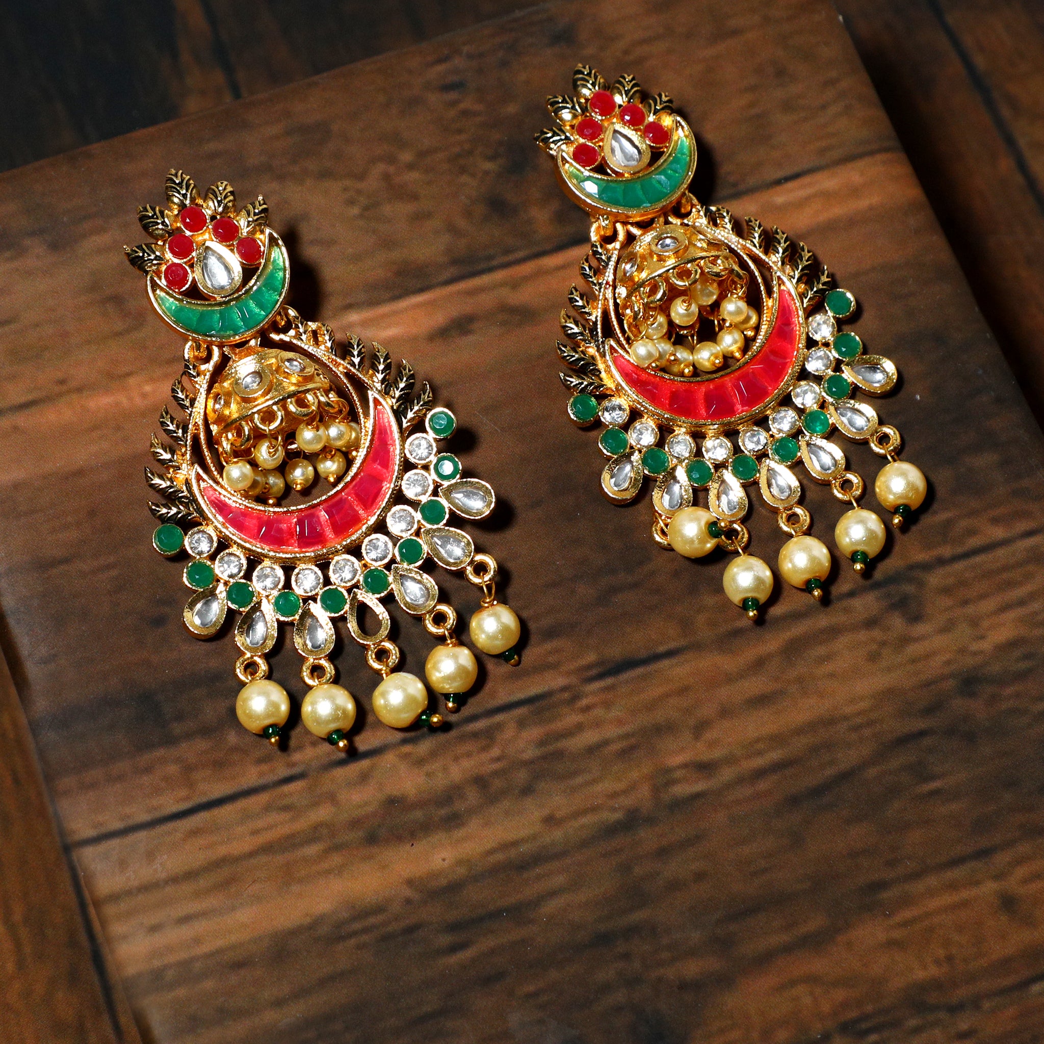 Gold Plated Pearl Beads Red and Green Kundan Chandbali Earrings