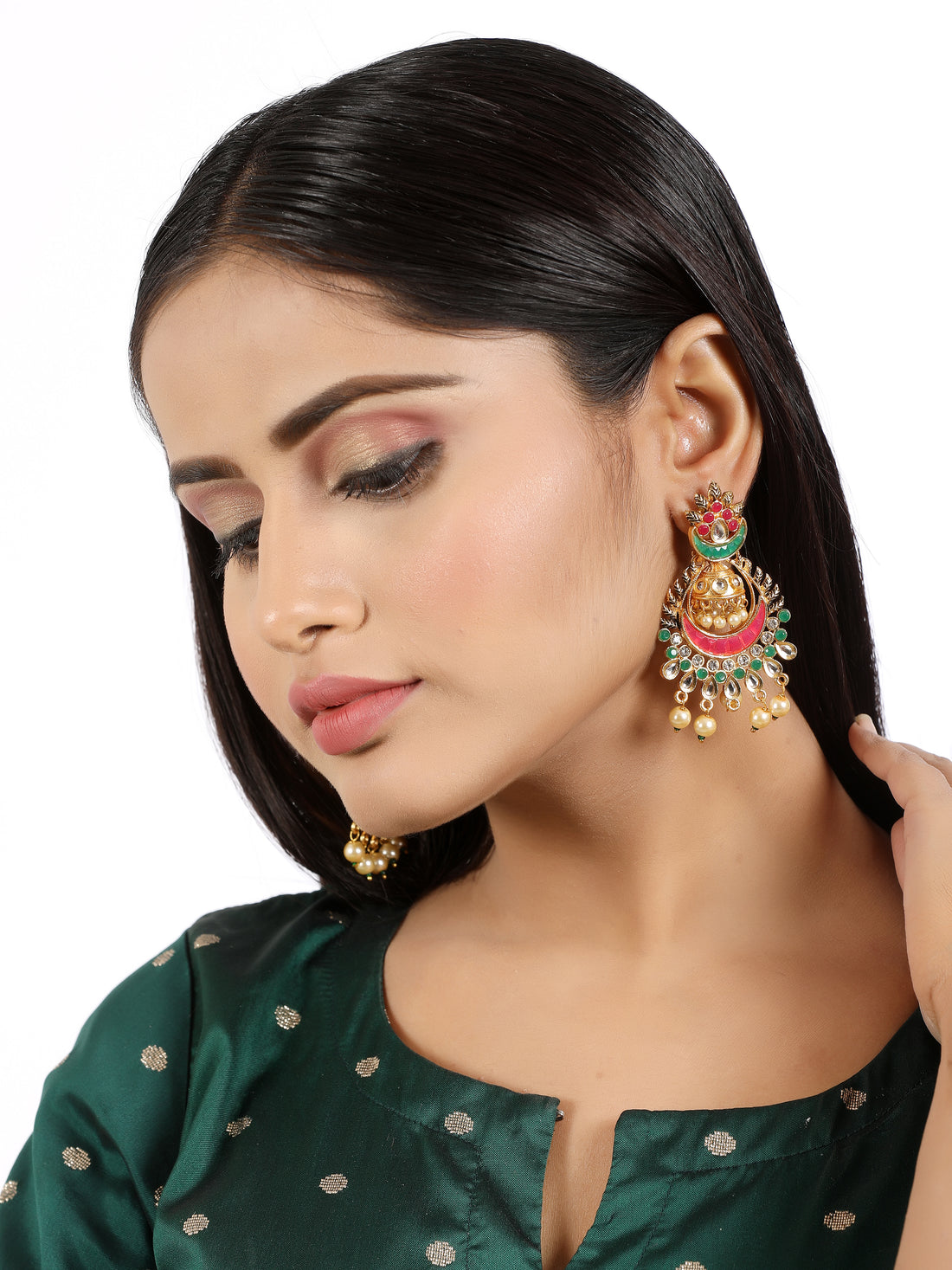 Gold Plated Pearl Beads Red and Green Kundan Chandbali Earrings