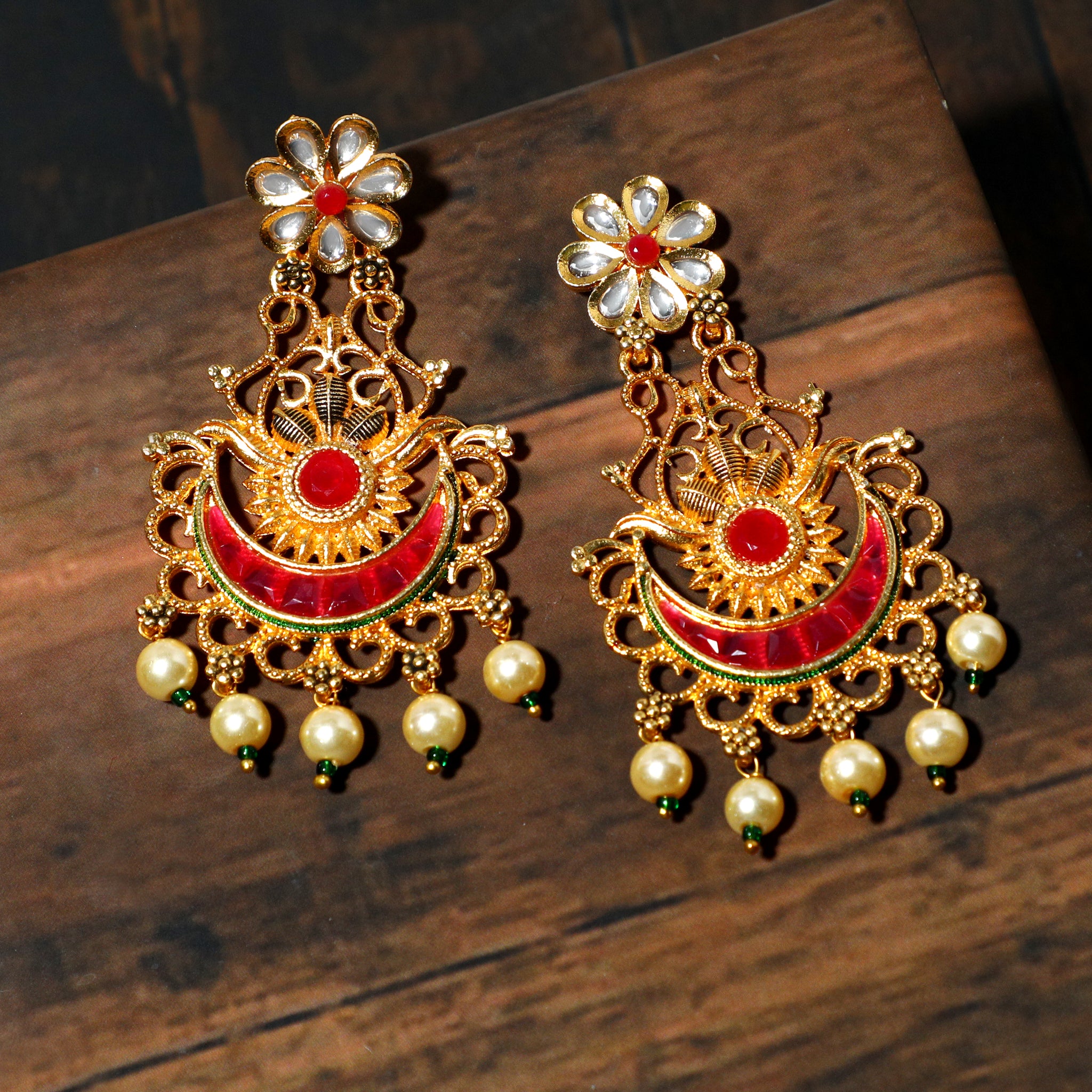 Gold Plated Pearl Beads Red Kundan Chandbali Earrings