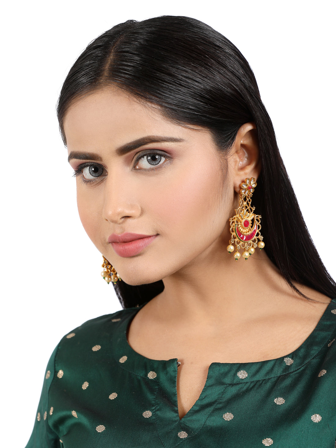 Gold Plated Pearl Beads Red Kundan Chandbali Earrings