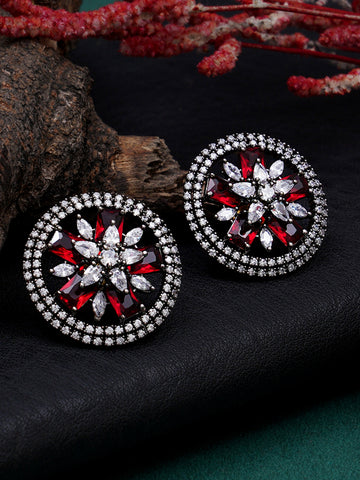 Red American Diamond Studded Floral Stud Earrings