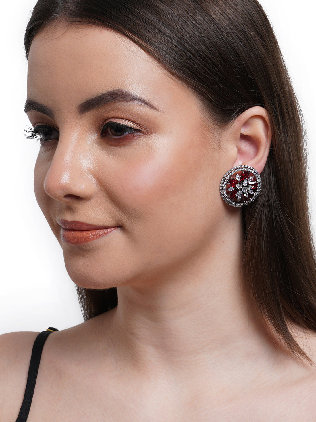 Red American Diamond Studded Floral Stud Earrings