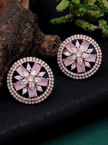 Pink American Diamond Studded Floral Stud Earrings