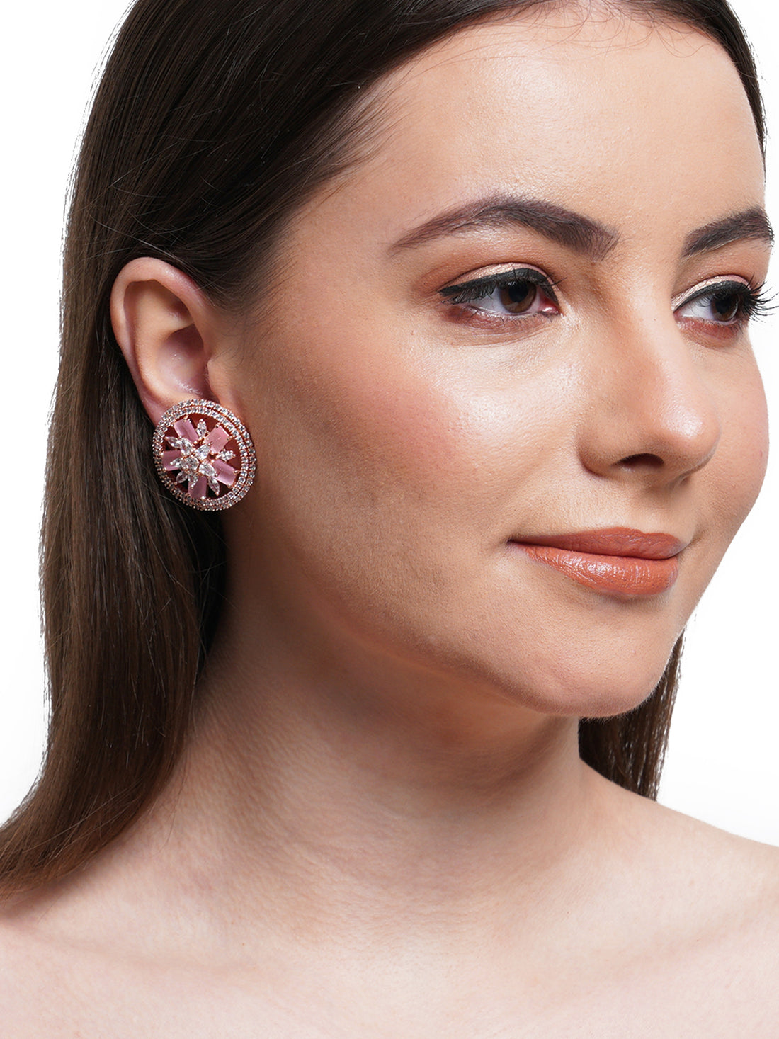 Pink American Diamond Studded Floral Stud Earrings