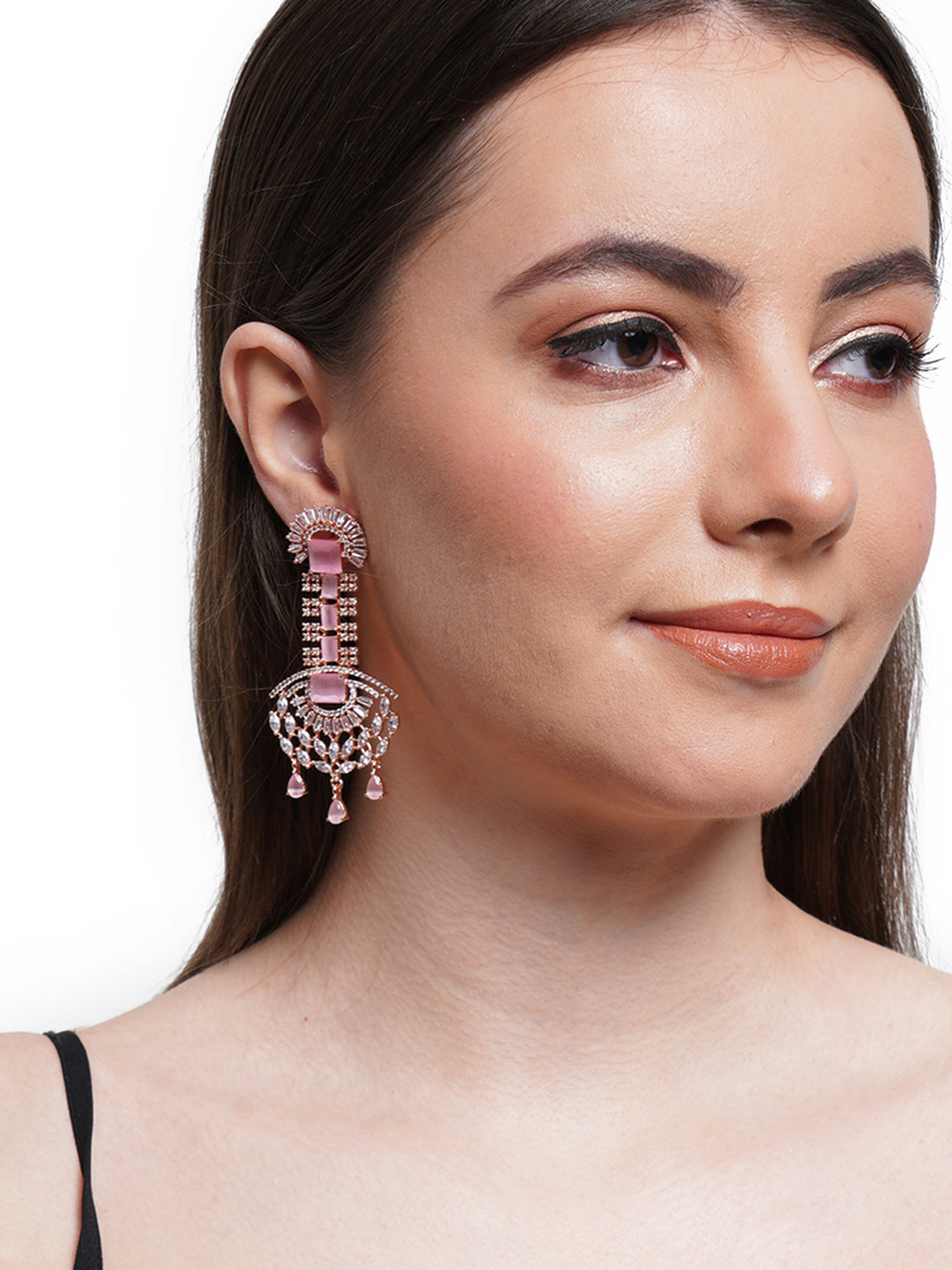 Pink American Diamond and CZ Studded Dangler Earrings