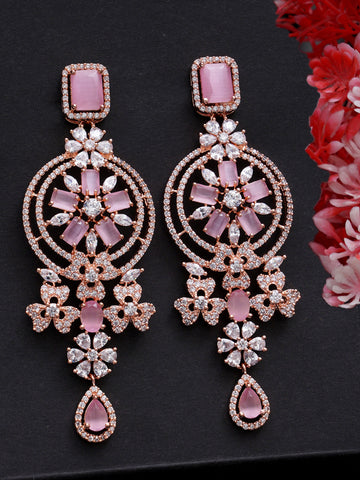 Pink American Diamond and CZ Studded Classic Dangler Earrings