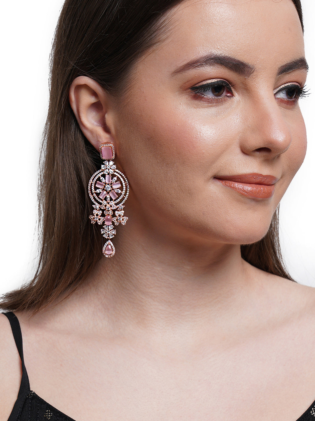 Pink American Diamond and CZ Studded Classic Dangler Earrings