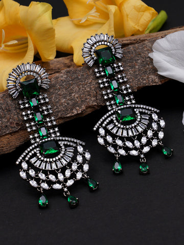 Green American Diamond and CZ Studded Dangler Earrings