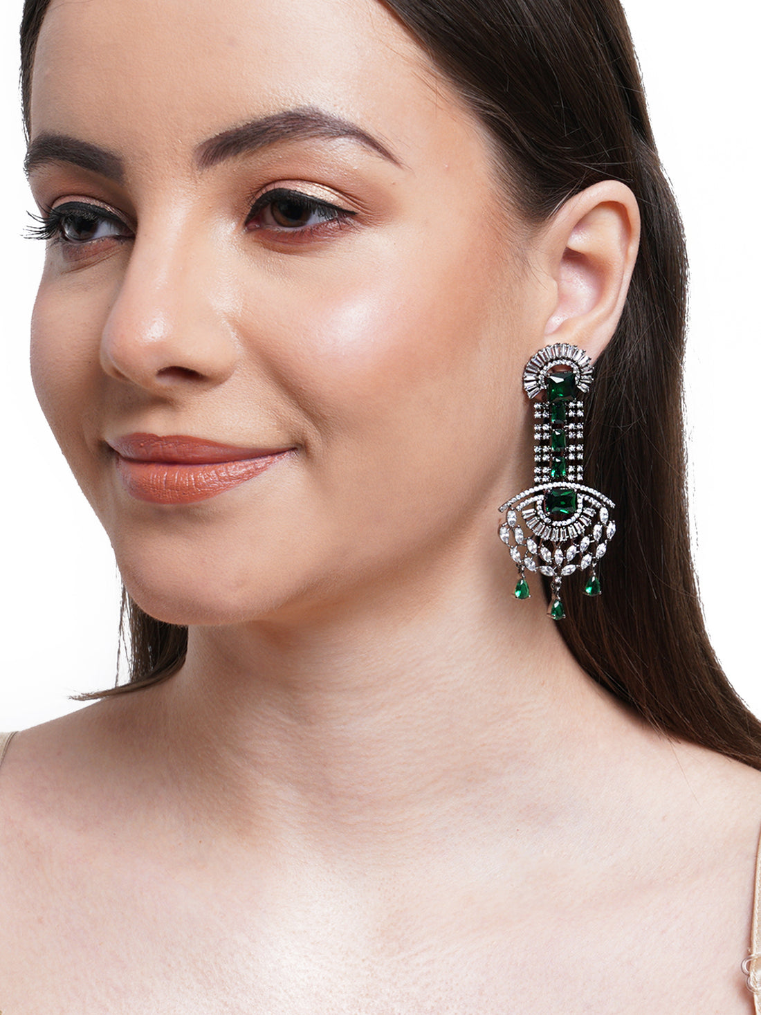 Green American Diamond and CZ Studded Dangler Earrings