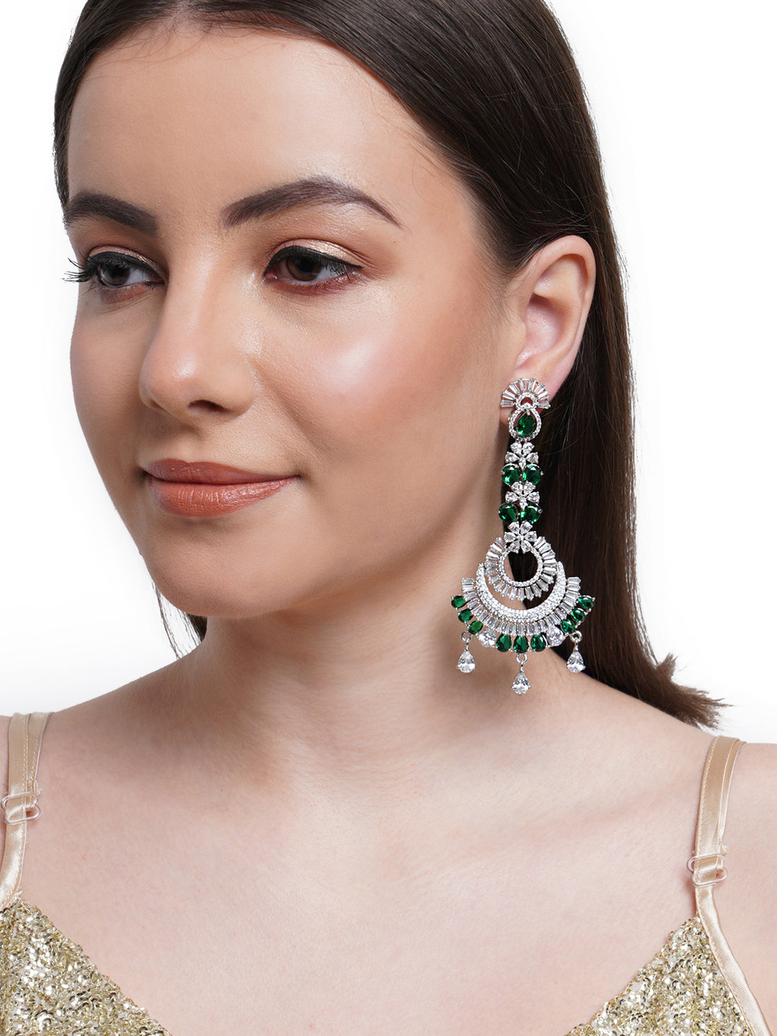 Green American Diamond and CZ Studded Classic Dangler Earrings