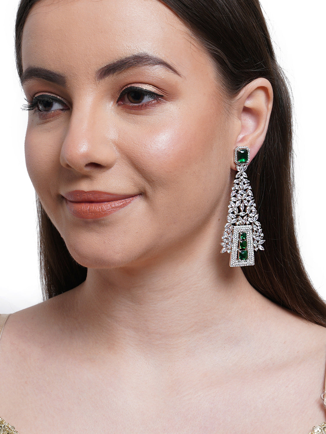 Green American Diamond Studded Dangler Earrings