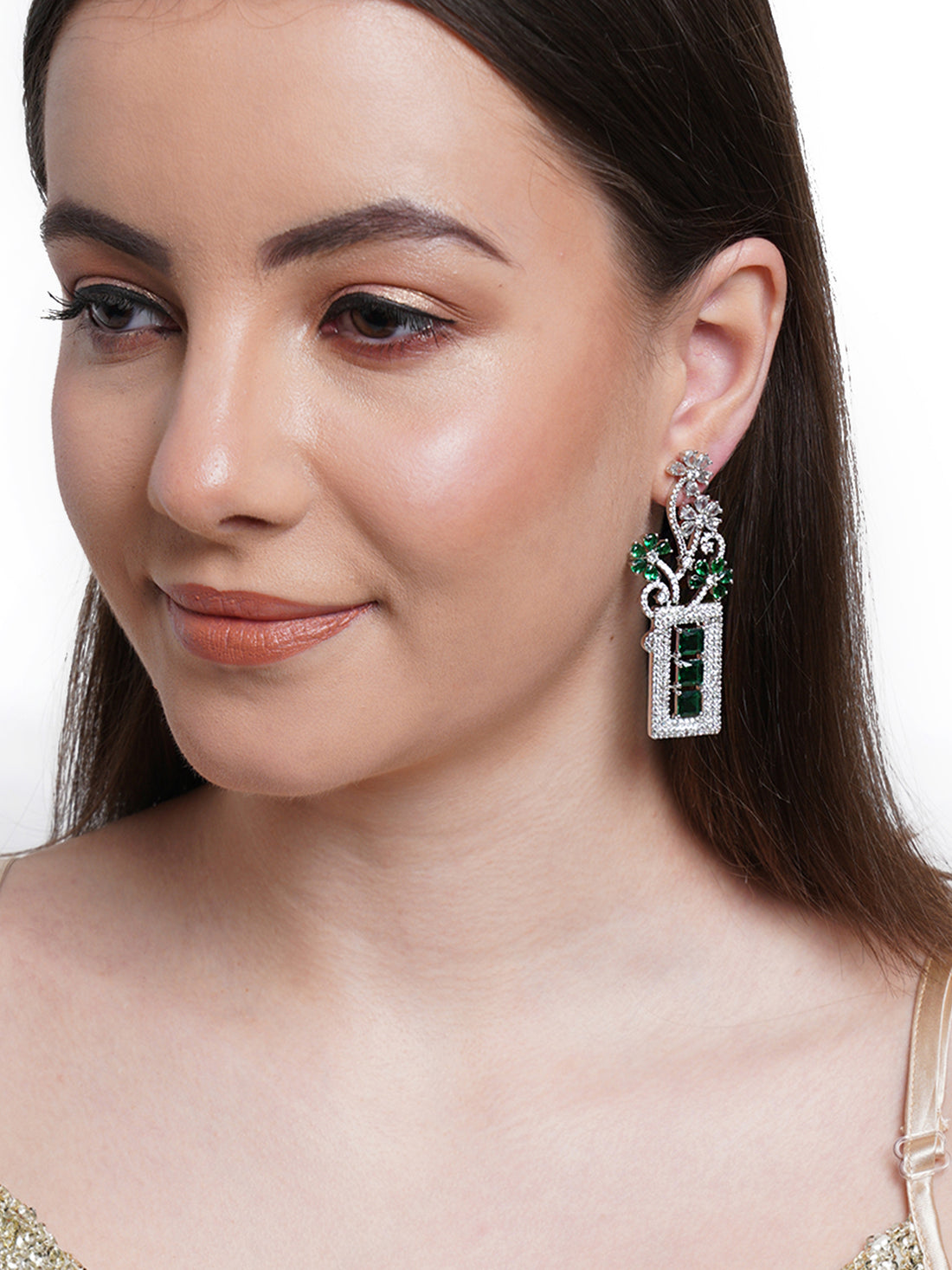 Green American Diamond Studded Floral Dangler Earrings