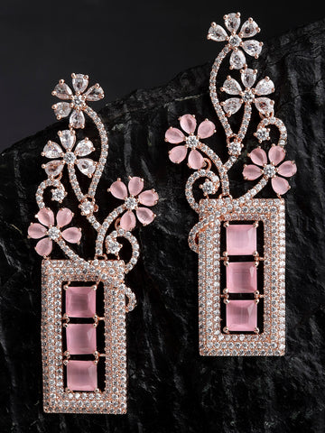 Pink American Diamond Studded Floral Dangler Earrings for Women