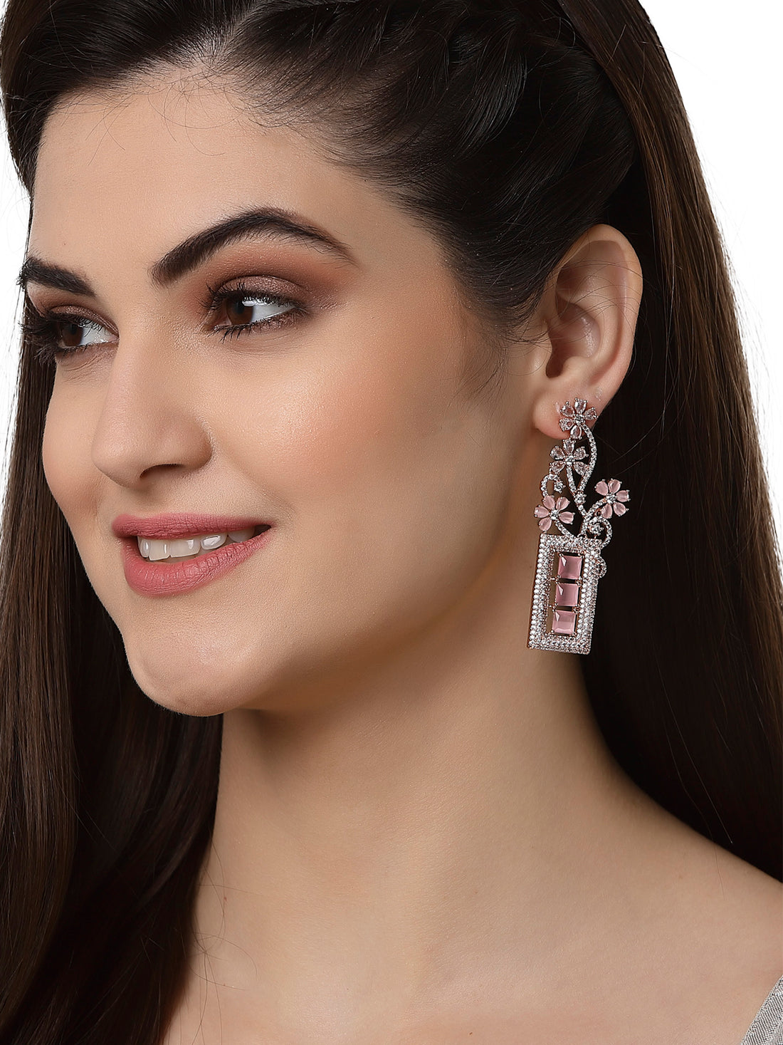 Pink American Diamond Studded Floral Dangler Earrings for Women