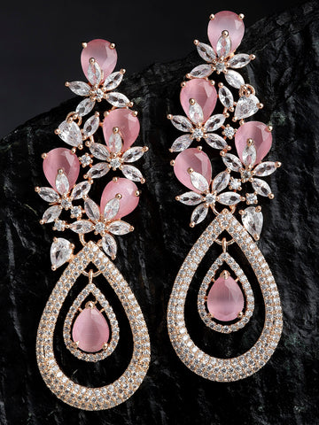 Rose Gold Plated Pink CZ and American Diamond Studded Dangler Earrings