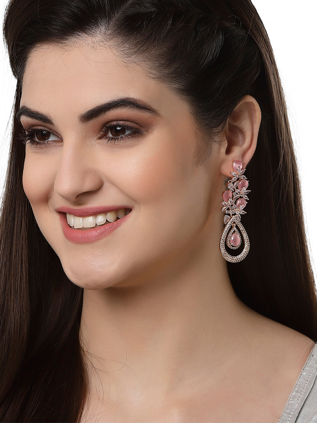 Rose Gold Plated Pink CZ and American Diamond Studded Dangler Earrings