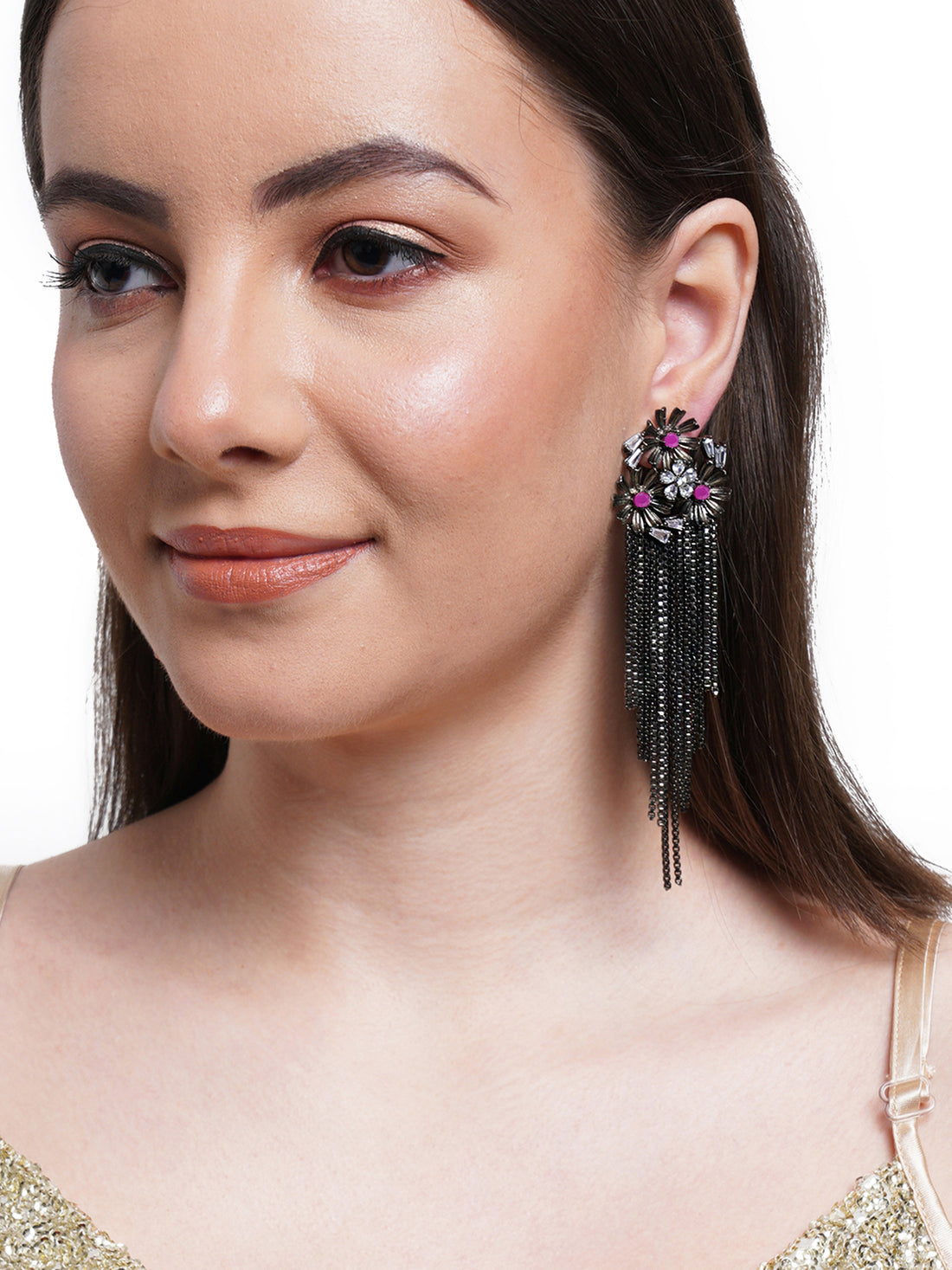 Pink Antique American Diamond Studded Dangler Earrings