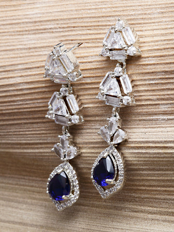 Karatcart Silver Tone Blue American Diamond Drop Earrings for Women