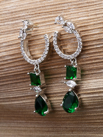 Karatcart Silver Tone Green American Diamond Drop Earrings for Women