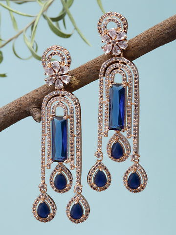 Karatcart Rose Gold Plated Blue AD Drop Earrings for Women