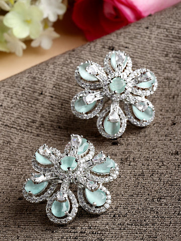 Karatcart Light Green Cubic Zirconia Studded Silver Tone Stud Earrings for Women