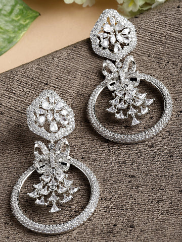 Karatcart Silver Tone American Diamond Studded Dangler Earrings for Women