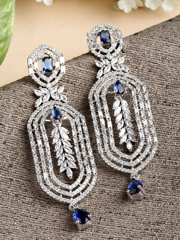 Karatcart Silver Tone American Diamond Studded Blue Dangler Earrings for Women