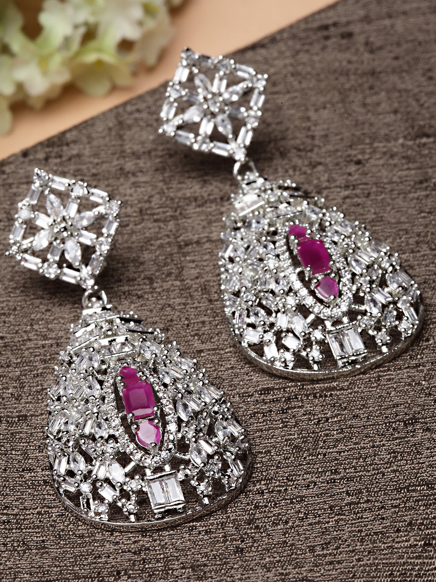 Karatcart Silver Plated Embellished Cubic Zirconia Drop Shape Earrings for Women
