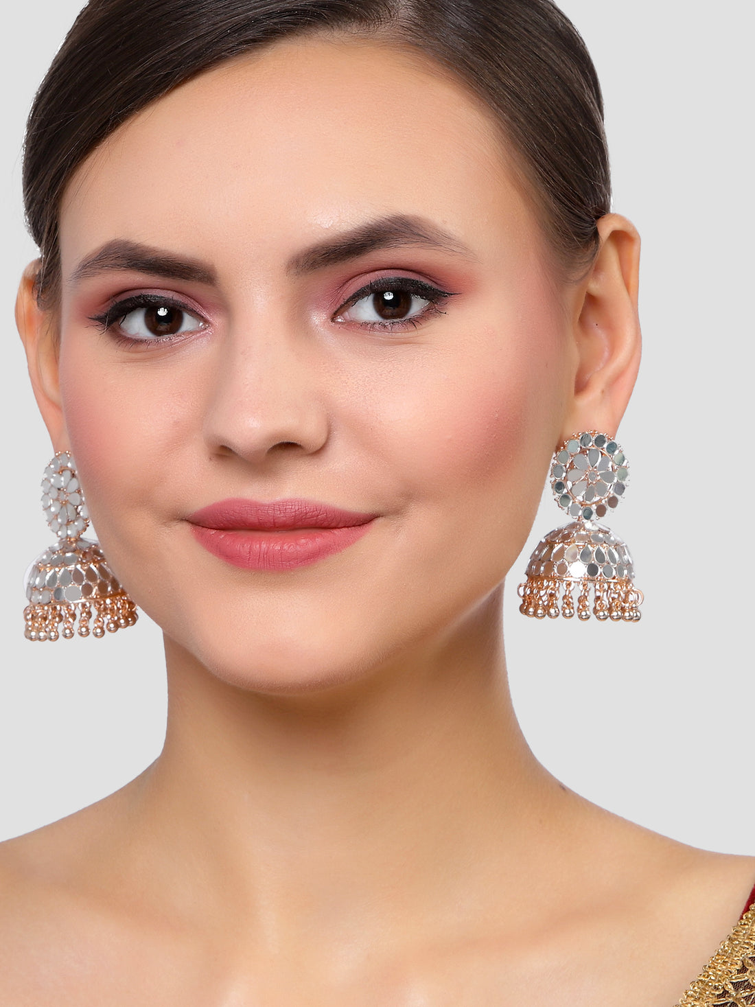 Karatcart Rose Gold Plated Mirror Studded Jhumki Earrings for Women