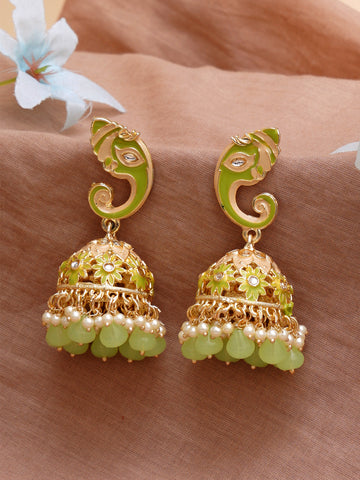 Karatcart Gold Plated Light Green Lord Ganesha Jhumki Earrings for Women