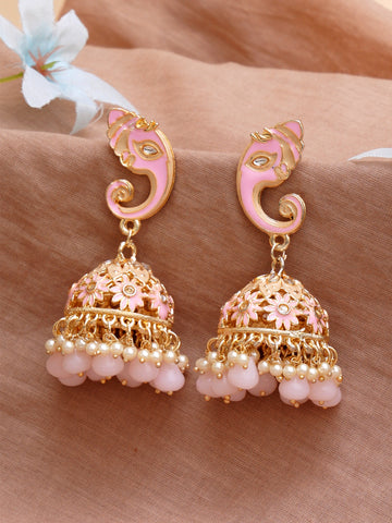 Karatcart Gold Plated Pink Lord Ganesha Jhumki Earrings for Women