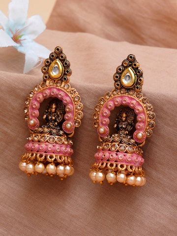 Karatcart Gold Plated Pink Mata Laxmi Jhumki Earrings for Women