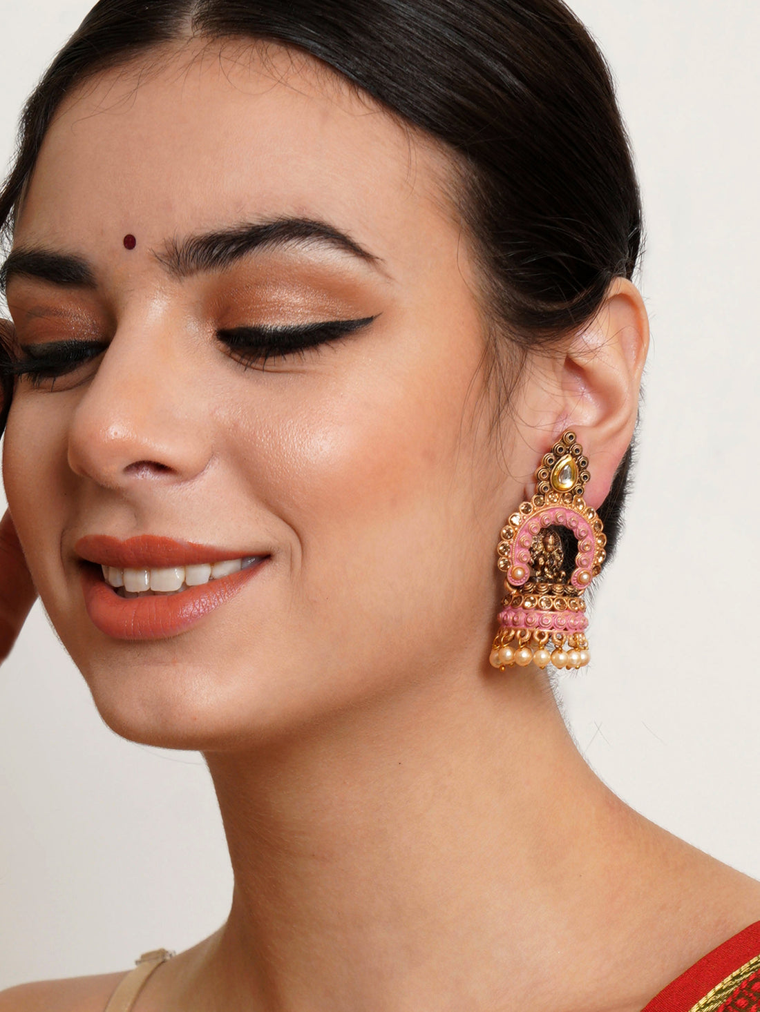 Karatcart Gold Plated Pink Mata Laxmi Jhumki Earrings for Women