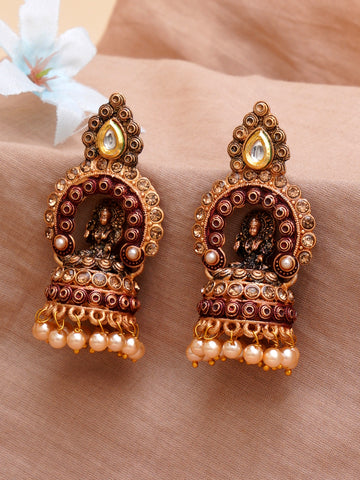 Karatcart Gold Plated Maroon Mata Laxmi Jhumki Earrings for Women